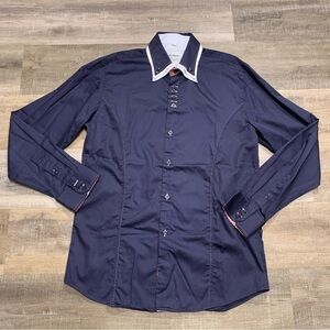 Art Vandelay Seinfeld Navy Blue Rocabilly Western Button Up Dress Shirt XXL